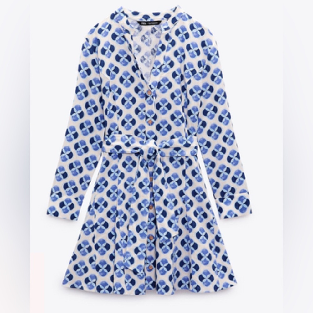 ZARA Linen Blend Printed Tie Waist Mini Dress
